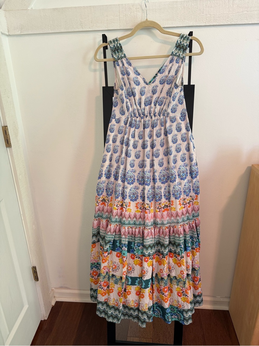 Anthropologie Mixed-Print Tiered Maxi Dress in White, Blue & Multicolor
